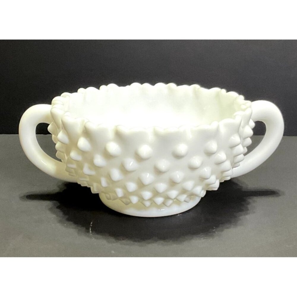 Vtg Fenton Hobnail Milk Glass Handled Sugar Dish w/ Crimped Edges 2.5"H x 5" Dia - Picture 3 of 5